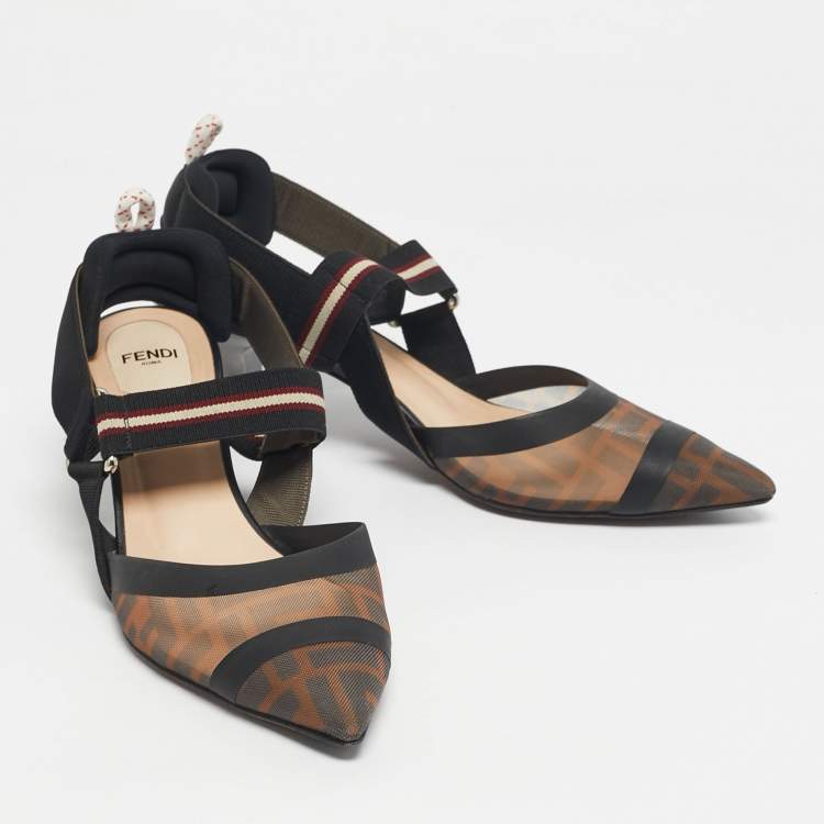 Pre Owned Fendi Multicolor Mesh and Canvas Colibri Slingback Pumps Size 39.5