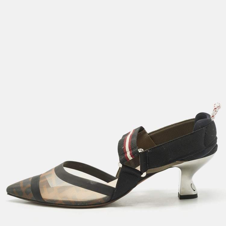 مملوكة مسبقًا Fendi Black Zucca Mesh Colibri Slingback Pumps Size 40