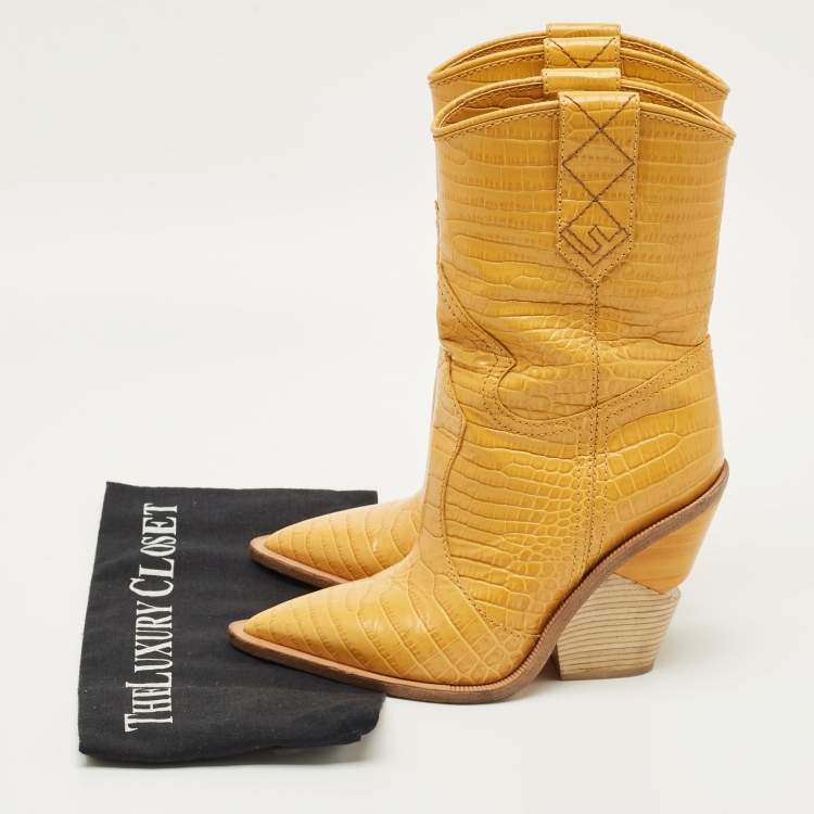Pre Owned Fendi Yellow Croc Embossed Leather Cowboy Mid Calf Boots Size 35