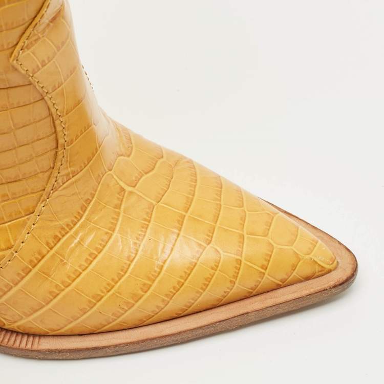Pre Owned Fendi Yellow Croc Embossed Leather Cowboy Mid Calf Boots Size 35