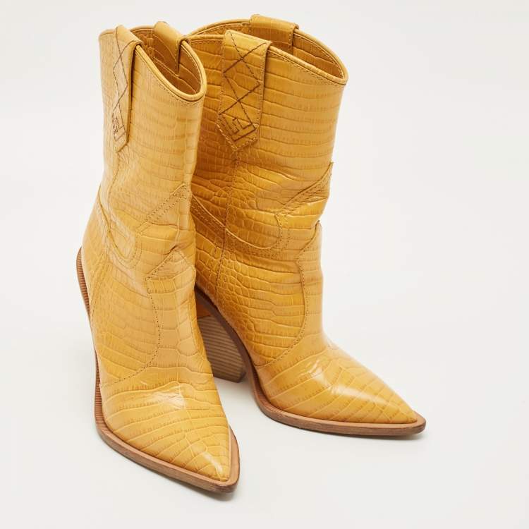 Pre Owned Fendi Yellow Croc Embossed Leather Cowboy Mid Calf Boots Size 35