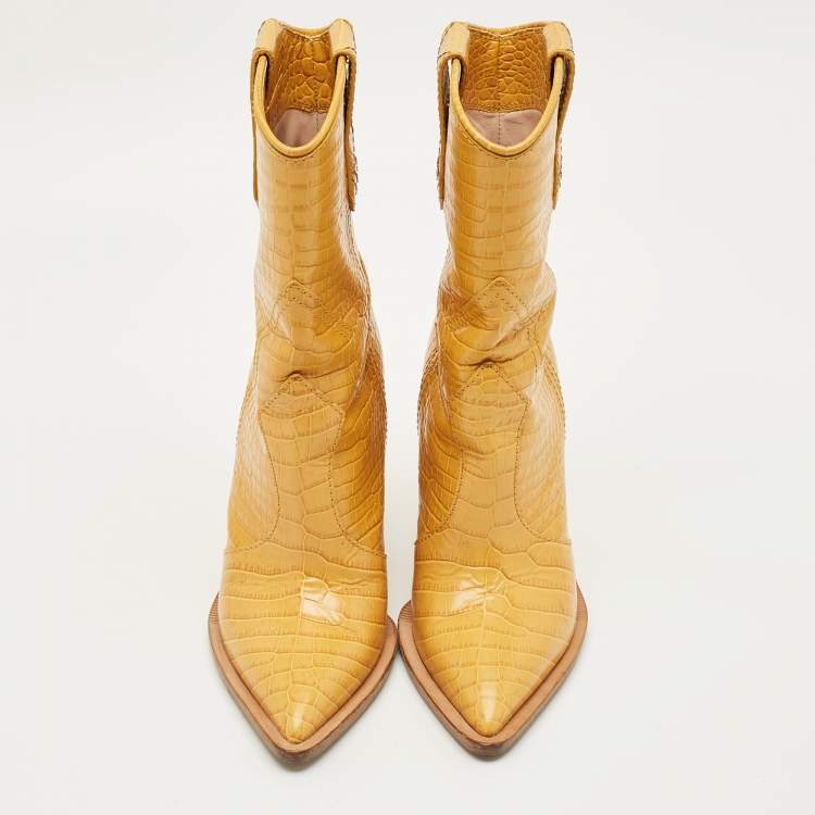 Pre Owned Fendi Yellow Croc Embossed Leather Cowboy Mid Calf Boots Size 35