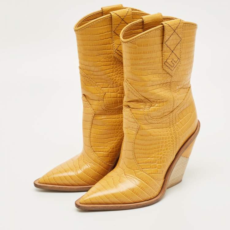 Pre Owned Fendi Yellow Croc Embossed Leather Cowboy Mid Calf Boots Size 35