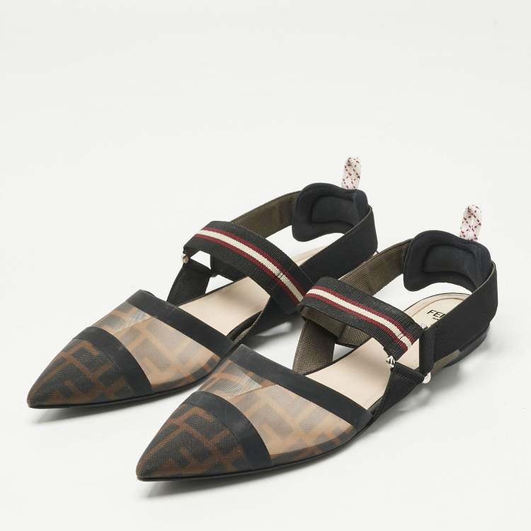 Pre Owned Fendi Black/Brown Zucca Mesh and Canvas Colibri Slingback Flats Size 40