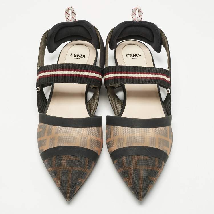 Pre Owned Fendi Black/Brown Zucca Mesh and Canvas Colibri Slingback Flats Size 40