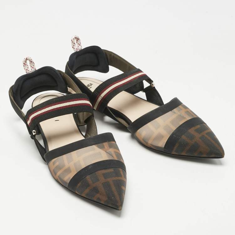 Pre Owned Fendi Black/Brown Zucca Mesh and Canvas Colibri Slingback Flats Size 40