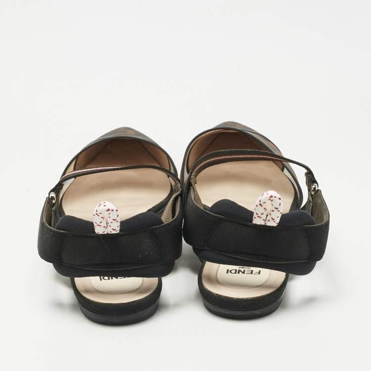 Pre Owned Fendi Black/Brown Zucca Mesh and Canvas Colibri Slingback Flats Size 40