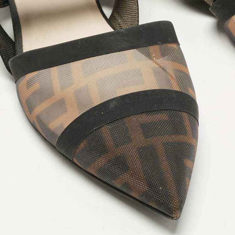Pre Owned Fendi Black/Brown Zucca Mesh and Canvas Colibri Slingback Flats Size 40