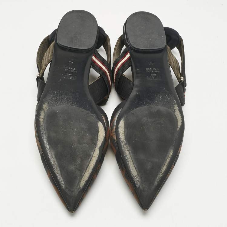 Pre Owned Fendi Black/Brown Zucca Mesh and Canvas Colibri Slingback Flats Size 40