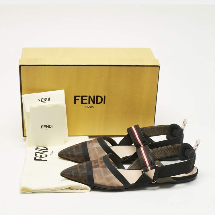 Pre Owned Fendi Black/Brown Zucca Mesh and Canvas Colibri Slingback Flats Size 40