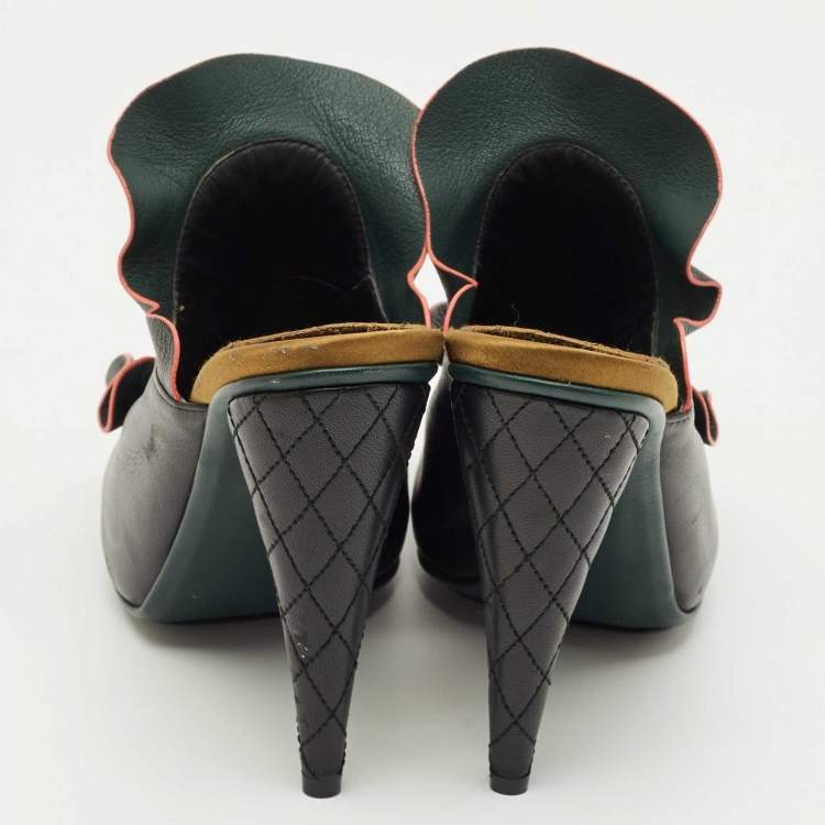 Pre Owned Fendi Black Ruffled Leather Mules Size 38