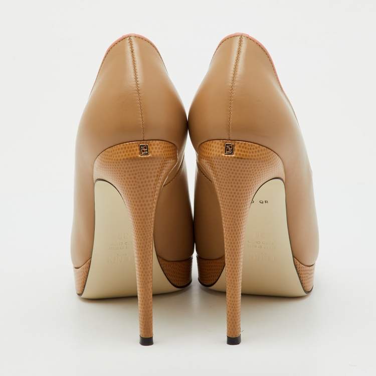 Pre Owned Fendi Beige Lizard Embossed and Leather Scalloped Peep Toe Platform Pumps Size 38