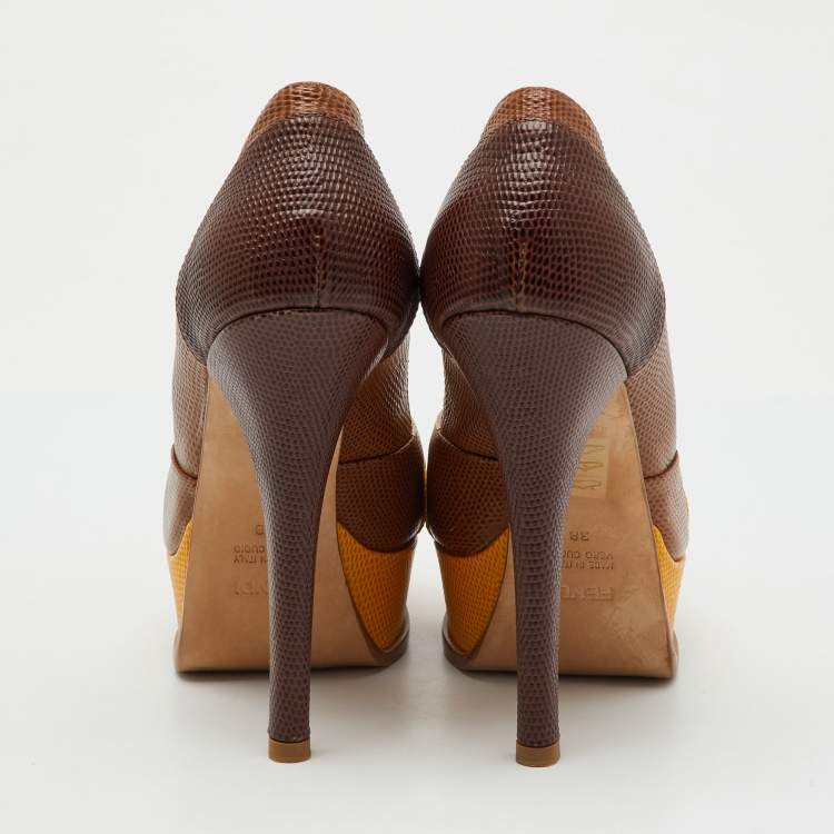 Pre Owned Fendi Tricolor Lizard Embossed Leather Fendista Pumps Size 38