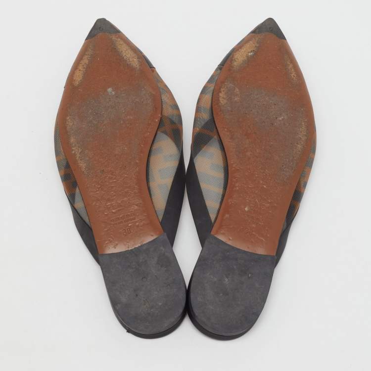 Pre Owned Fendi Tobacco FF Logo Print Mesh Colibri Flat Mules Size 38