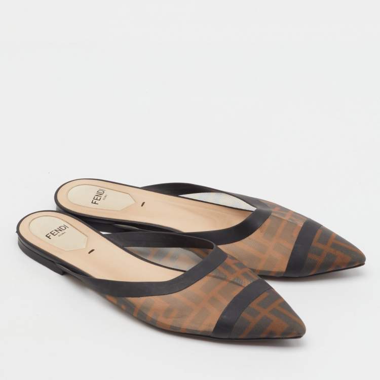 Pre Owned Fendi Tobacco FF Logo Print Mesh Colibri Flat Mules Size 38