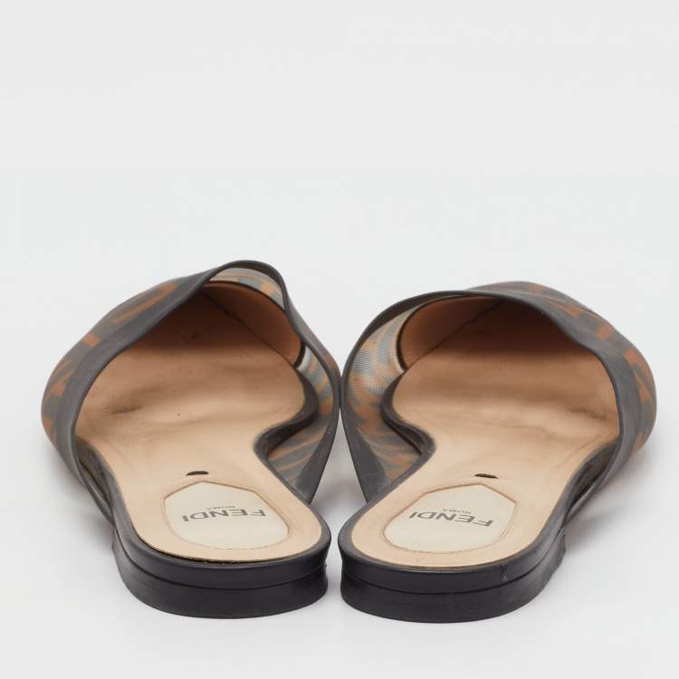 Pre Owned Fendi Tobacco FF Logo Print Mesh Colibri Flat Mules Size 38