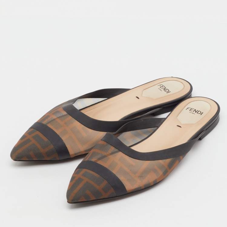 Pre Owned Fendi Tobacco FF Logo Print Mesh Colibri Flat Mules Size 38