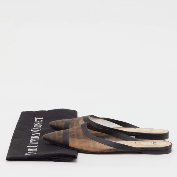 Pre Owned Fendi Tobacco FF Logo Print Mesh Colibri Flat Mules Size 38