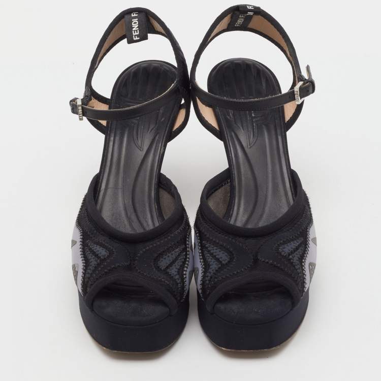 Pre Owned Fendi Black Fabric and Leather Platform Ankle Strap Sandals Size 38.5
