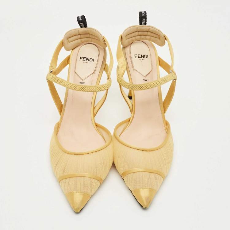 Pre Owned Fendi Yellow Mesh and Satin Colibri Lite Slingback Pumps Size 40