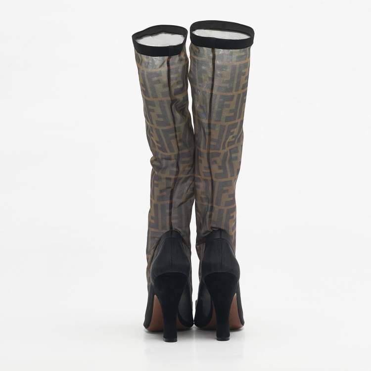 Pre Owned Fendi Black/Beige Zucca Mesh And Fabric Colibri Knee Length Boots Size 37