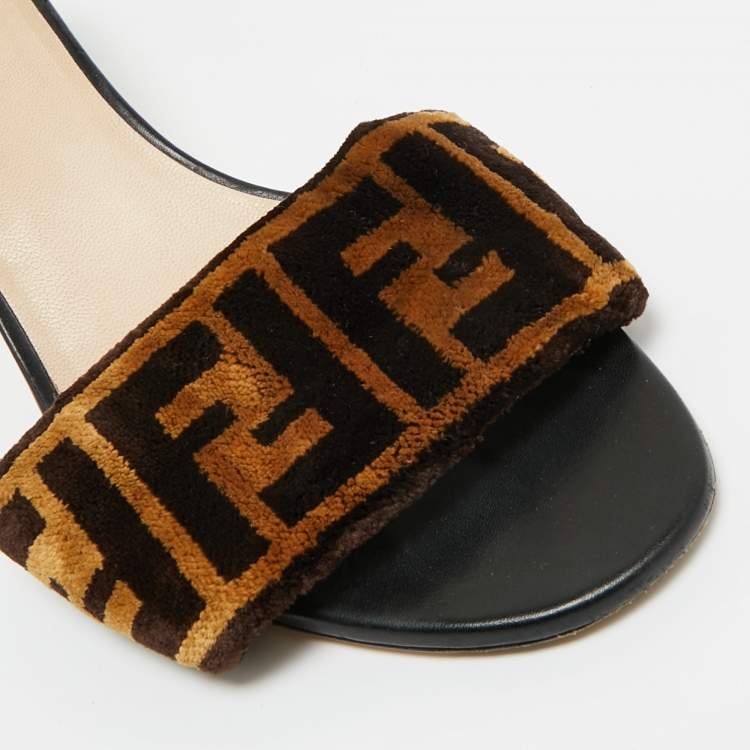 Pre Owned Fendi Black/Brown Zucca Velvet Slide Sandals Size 38