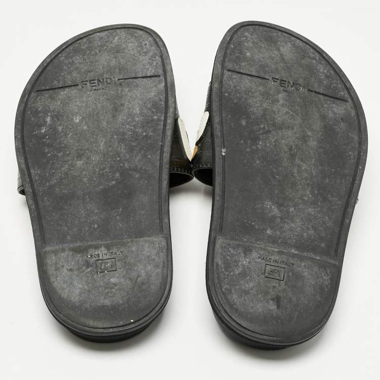 Pre Owned Fendi Black Leather Mania Motif Flat Slide Sandals Size 36.5