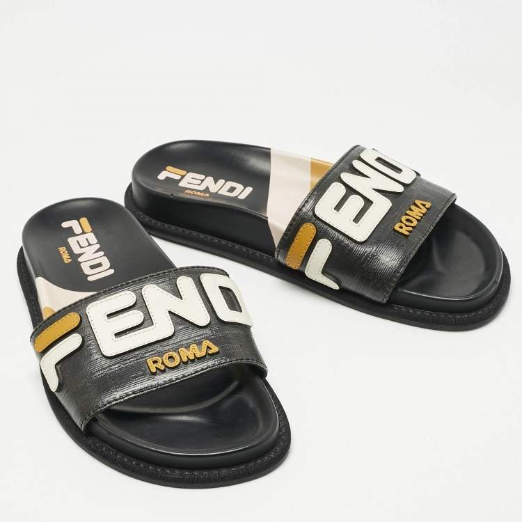 Pre Owned Fendi Black Leather Mania Motif Flat Slide Sandals Size 36.5