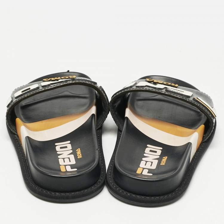Pre Owned Fendi Black Leather Mania Motif Flat Slide Sandals Size 36.5