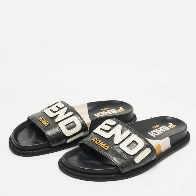 Pre Owned Fendi Black Leather Mania Motif Flat Slide Sandals Size 36.5
