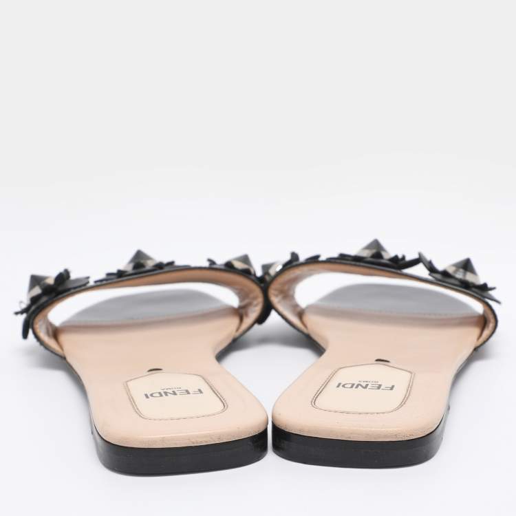 Pre Owned Fendi Black Patent Leather Flower Stud Flat Slides Size 38  