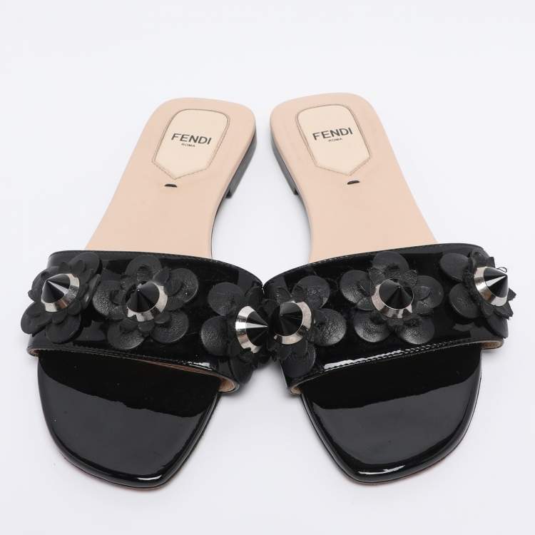 Pre Owned Fendi Black Patent Leather Flower Stud Flat Slides Size 38  
