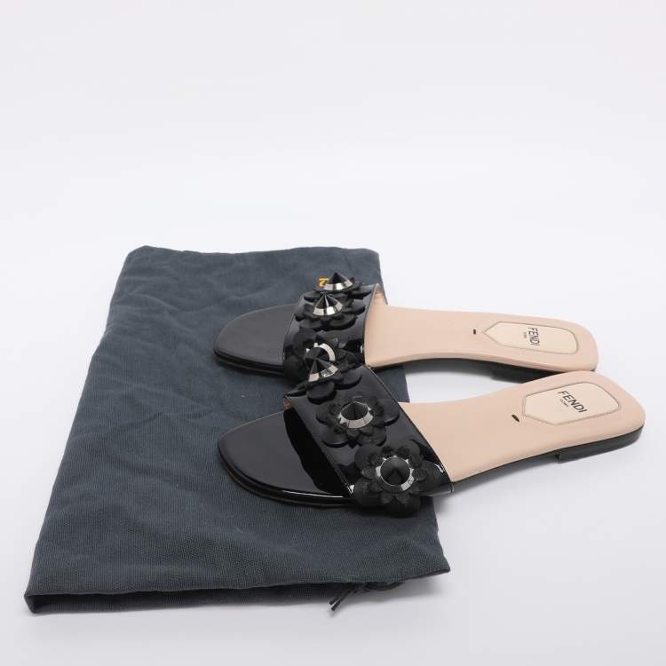Pre Owned Fendi Black Patent Leather Flower Stud Flat Slides Size 38  