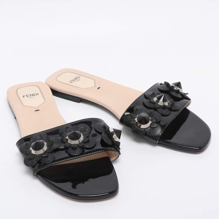 Pre Owned Fendi Black Patent Leather Flower Stud Flat Slides Size 38  