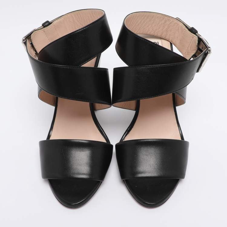 Pre Owned Fendi Black Leather Birds of Paradise Ankle Strap Sandals Size 38
