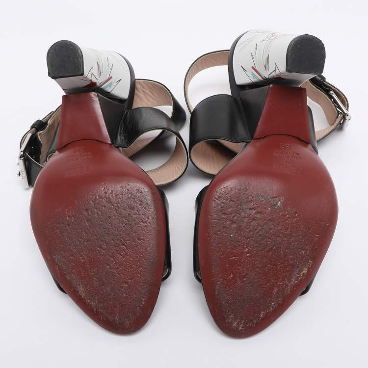 Pre Owned Fendi Black Leather Birds of Paradise Ankle Strap Sandals Size 38