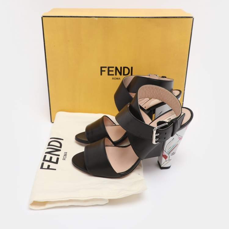 Pre Owned Fendi Black Leather Birds of Paradise Ankle Strap Sandals Size 38