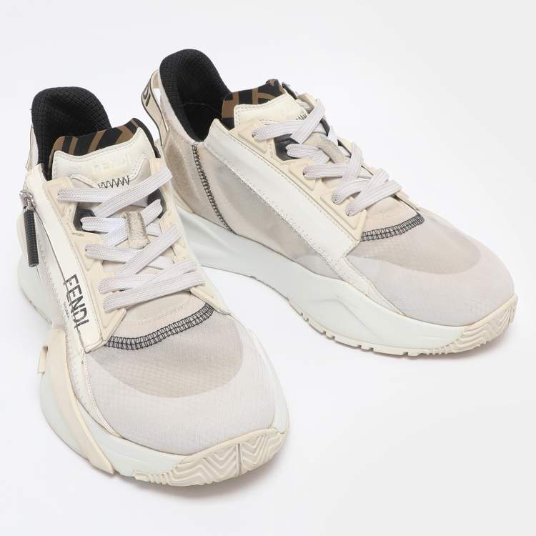 Pre Owned Fendi Cream/White Suede and Mesh Flow Low Top Sneakers Size 39