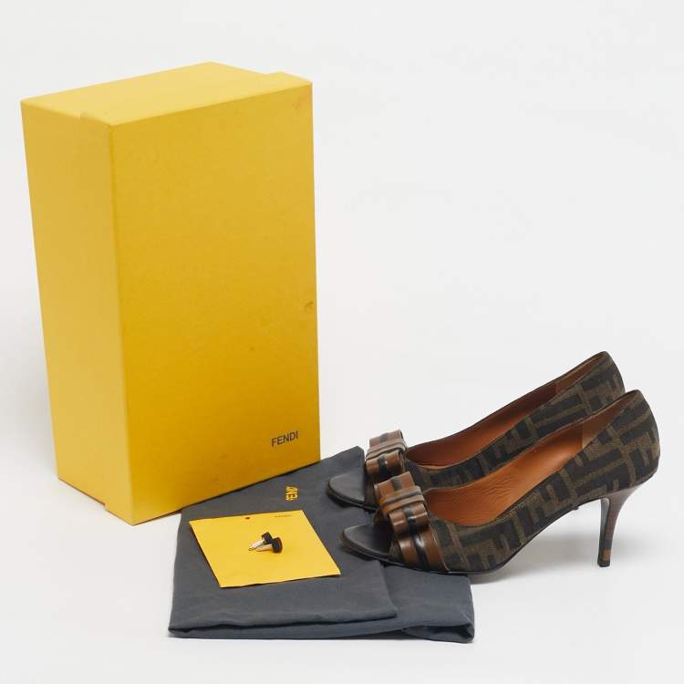 Pre Owned Fendi Brown FF Canvas Bow Peep Toe Pumps Size 36