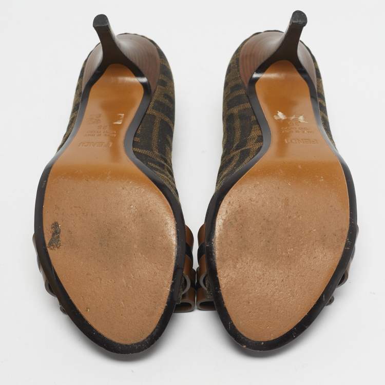 Pre Owned Fendi Brown FF Canvas Bow Peep Toe Pumps Size 36