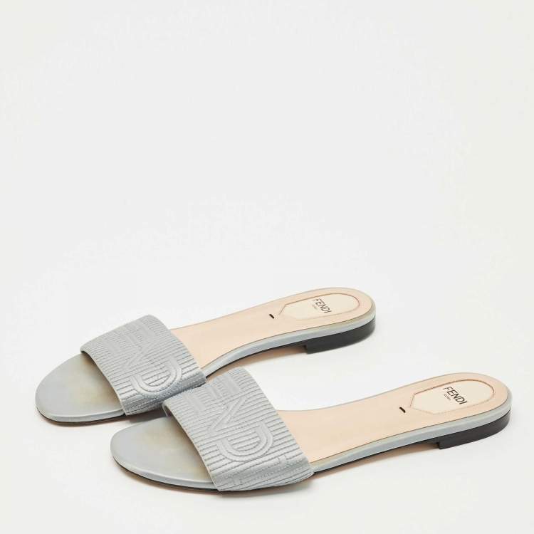 Pre Owned Fendi Grey Satin Logo Embroidered  Flat Slides Size 39.5