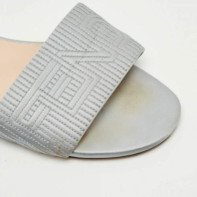 Pre Owned Fendi Grey Satin Logo Embroidered  Flat Slides Size 39.5