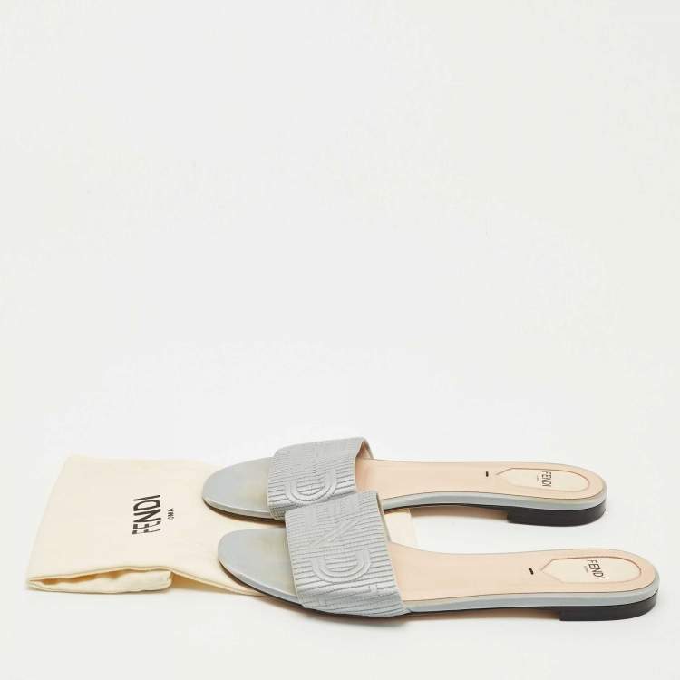 Pre Owned Fendi Grey Satin Logo Embroidered  Flat Slides Size 39.5