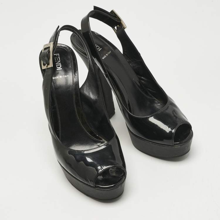 Pre Owned Fendi Black Patent Leather Slingback Platform Pumps Size 38.5