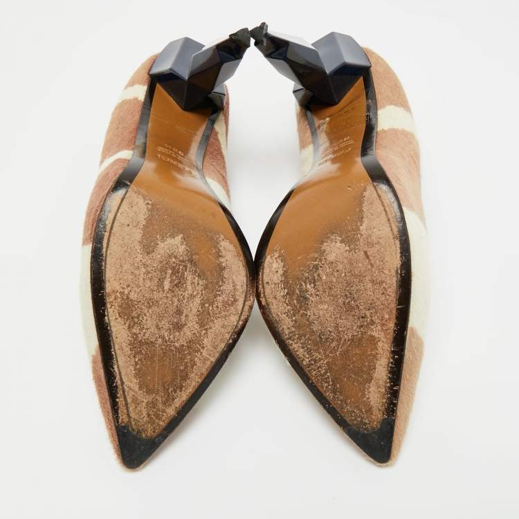 Pre Owned Fendi Beige/White Zebra Print Calf Hair Diamond Heel Pumps Size 38.5