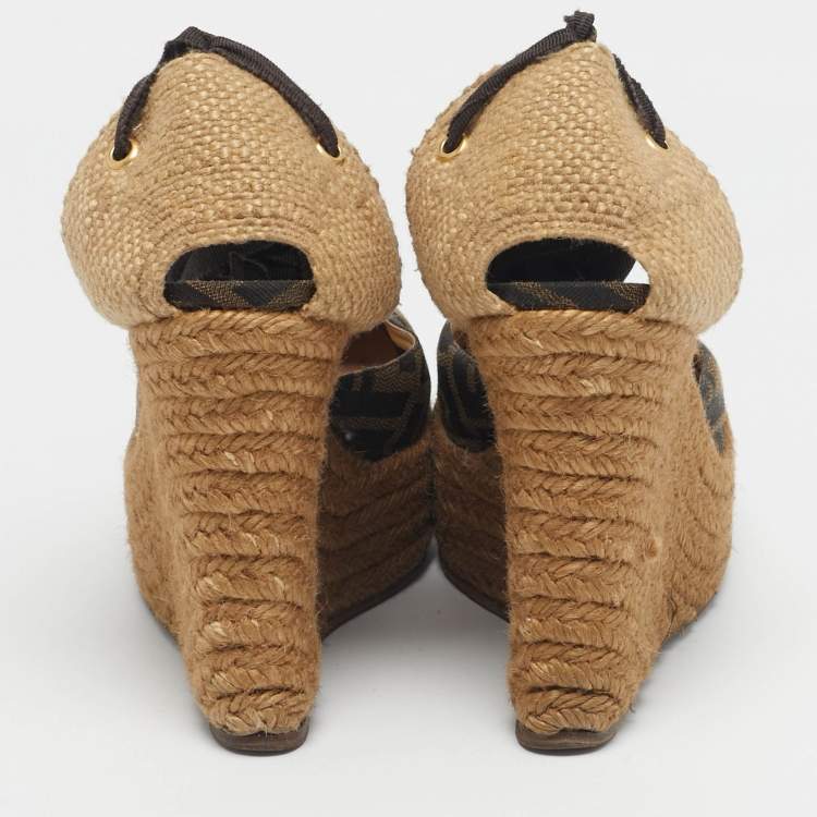 Pre Owned Fendi Black/Brown Zucca Canvas Ankle Tie Wedge Espadrilles Size 37