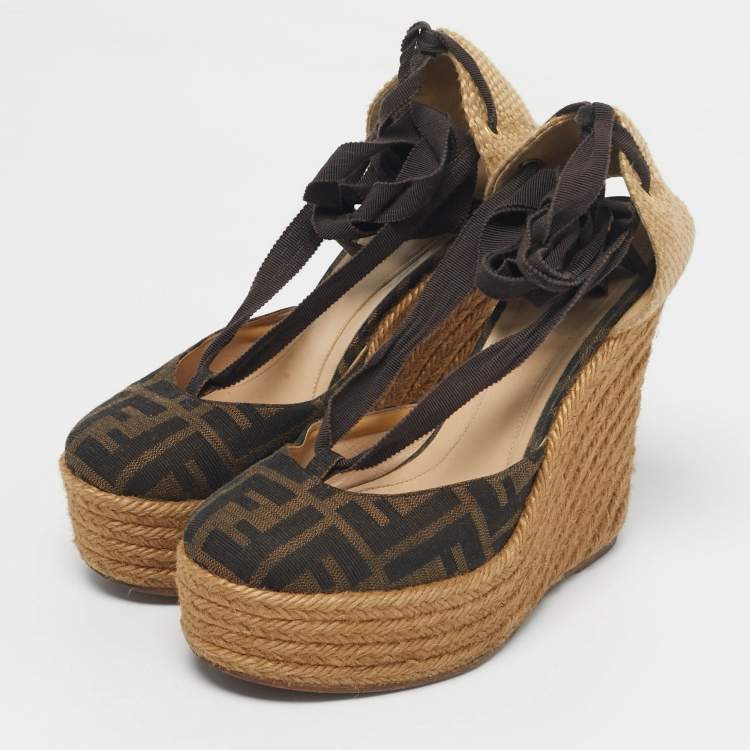 Pre Owned Fendi Black/Brown Zucca Canvas Ankle Tie Wedge Espadrilles Size 37