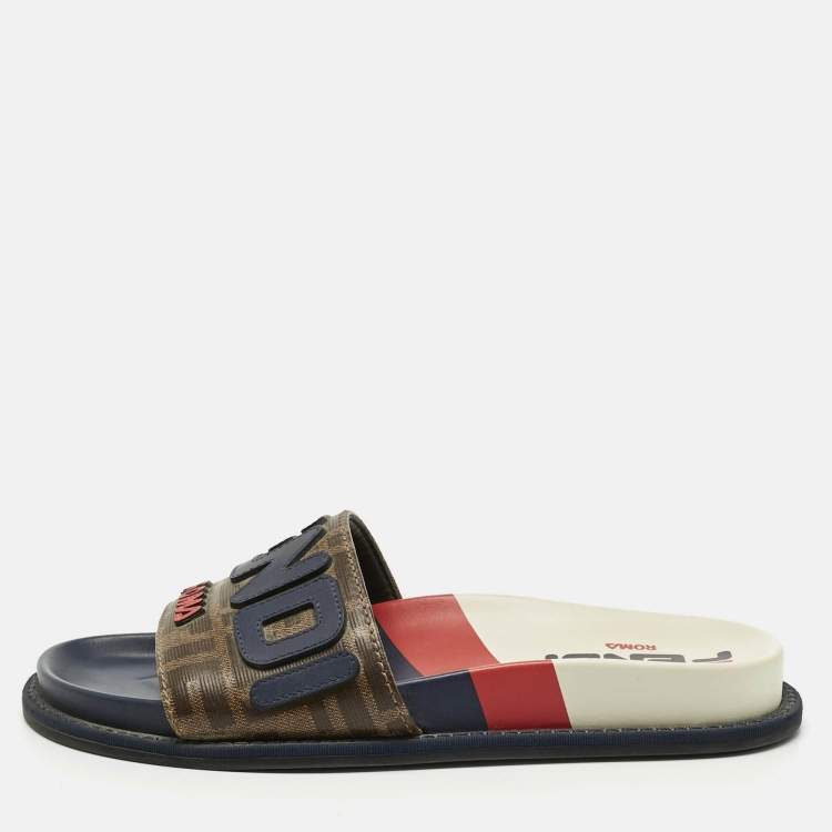 Pre Owned Fendi Multicolor Coated Canvas and Leather Mania Flat Slide Size 36.5