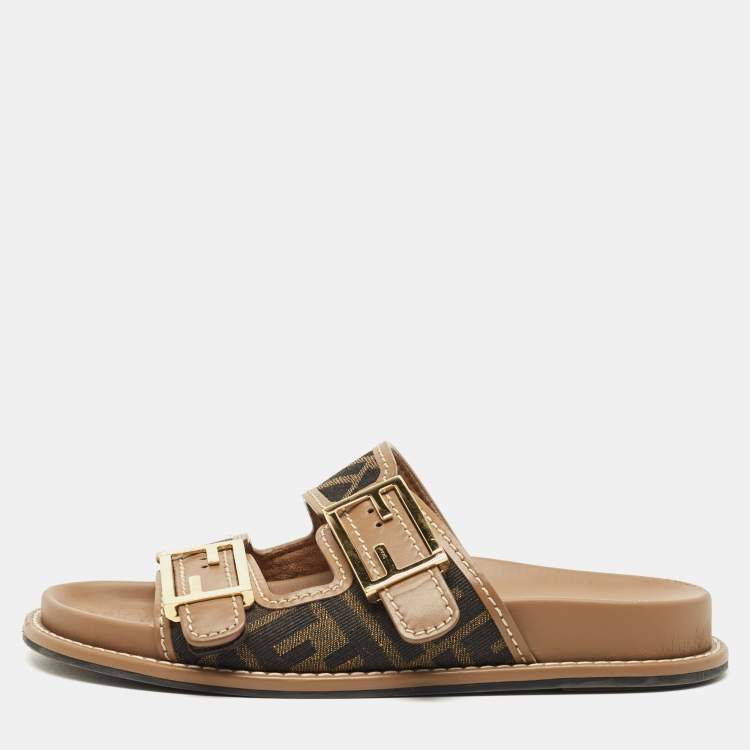Pre Owned Fendi Brown Zucca Canvas and Leather Feel Flat Sandals Size 35