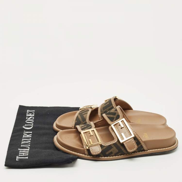 Pre Owned Fendi Brown Zucca Canvas and Leather Feel Flat Sandals Size 35